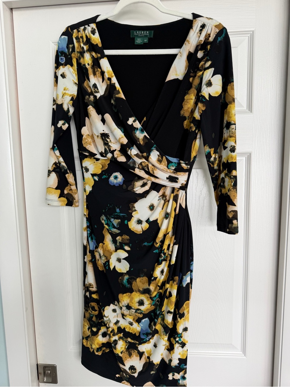 Ralph Lauren Black Floral Wrap-Style Long Sleeve Dress